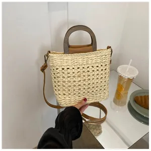 Woven straw bucket bag with wooden handle and leather strap for women casual fashion daily use