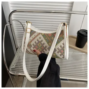Ethnic style woven shoulder bag for women, chic crescent underarm crossbody handbag daily use.