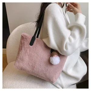 Plush shoulder bag for women autumn winter fluffy tote handbag stylish pink fuzzy purse casual