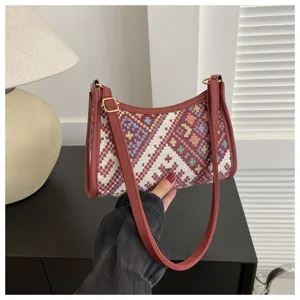 Ethnic style woven underarm bag, trendy retro shoulder handbag with PU leather trim for women.
