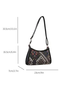 Ethnic style woven crescent shoulder bag, detailed view showing dimensions and strap length.