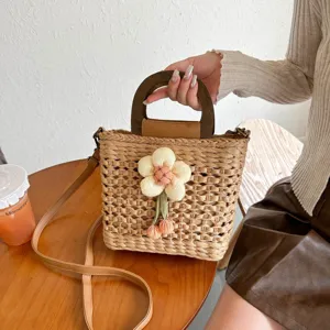Women Straw Woven Bucket Bag Vintage Handbag Casual Top Handle Crossbody Bag Summer Beach Daily Matching Woven Purse