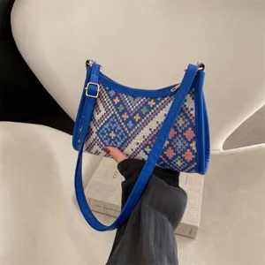 Woven ethnic style underarm bag, trendy shoulder crescent bag for women, stylish fall purse.