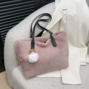 Chic winter plush shoulder bag, soft faux shearling tote bag for women daily casual style.