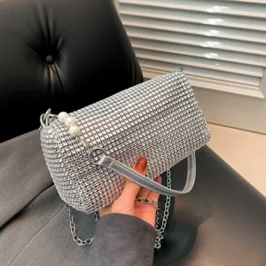 Luxury crystal rhinestone shoulder bag for women sparkling evening purse with pearl chain strap