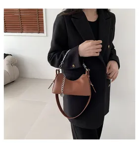 Stylish brown leather hobo shoulder bag with chain strap for women fashion daily wear