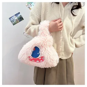 Cute pink plush monster handbag with big eye design, fluffy single shoulder bag, soft toy purse.