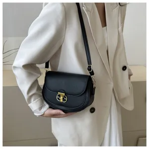 Stylish women's black shoulder bag with gold-tone lock closure and chic minimalist design.