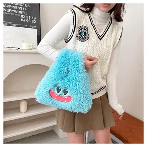 Cute blue plush monster handbag for women, fluffy cartoon shoulder bag, versatile student gift.