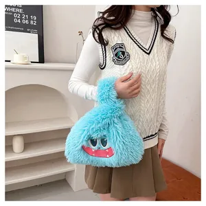 Cute fluffy blue monster plush handbag, soft furry shoulder tote bag for women and girls daily use.