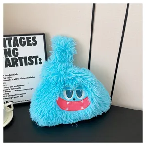 Cute blue monster plush shoulder bag with funny embroidered face, soft fluffy handbag.
