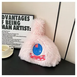 Cute pink plush monster handbag with one eye, soft fuzzy shoulder bag for women and girls.