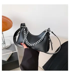 Black shoulder underarm bag with silver chain detail, fashion trendy PU leather hobo.