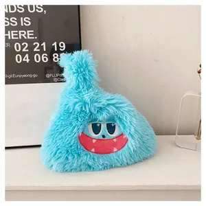 Blue fluffy plush monster handbag, cute cartoon shoulder bag for girls and students.