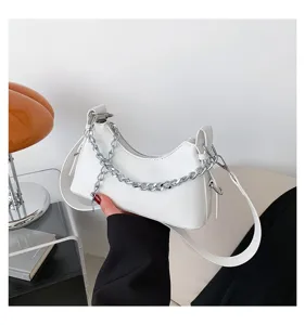 White PU leather women armpit bag detail showing silver chain and shoulder strap design.
