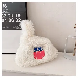 Cute white monster plush handbag detail, fluffy cartoon face shoulder bag for daily use.