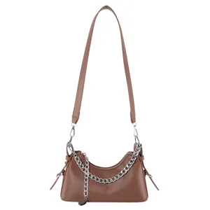 Brown shoulder bag, stylish underarm bag with silver chain, chic crossbody bag for women.