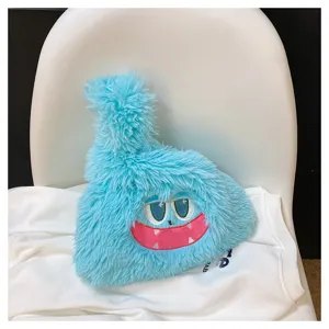 Cute blue plush monster detail view, soft fluffy texture with fun cartoon face design.