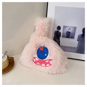 Cute pink plush monster shoulder bag, soft fuzzy cartoon handbag for daily student gifts.
