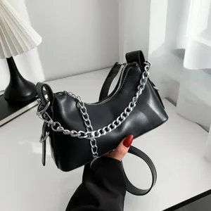 Women Fashion PU Leather Underarm Bag Vintage Solid Color Shoulder Bag Simple Daily Handbag Zipper Crossbody Bag