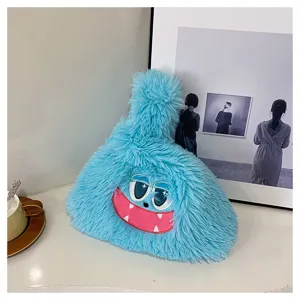 Cute blue monster plush shoulder bag fluffy cartoon handbag fashionable student gift cross body