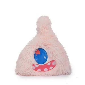 Pink fluffy monster plush bag detail, cute one-eyed plush handbag showcasing soft texture.
