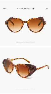Lunettes de soleil steampunk retro avec monture leopard et protections en cuir stylees.
