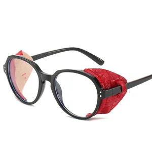 Lunettes de soleil rondes steampunk avec protections en cuir rouge mode rétro vintage