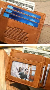 Portafoglio uomo in vera pelle vintage a tre ante con scomparti per carte e finestra foto.