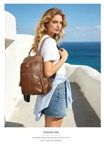 Women genuine leather backpack retro casual brown cowhide school travel daypack bag
