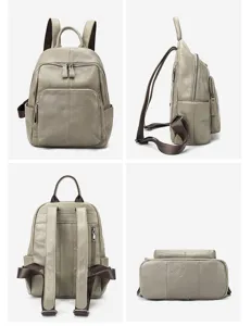 Genuine leather backpack for women, minimalist vintage cowhide casual daypack with multiple pockets.