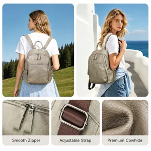 Women's genuine leather backpack casual daypack minimalist travel bag daily use fashion grey