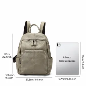 Genuine leather casual backpack with spacious interior and dimensions for daily use.