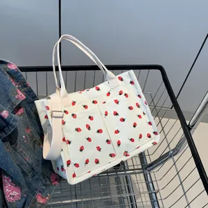 White corduroy strawberry tote bag large capacity casual shoulder bag for women daily use