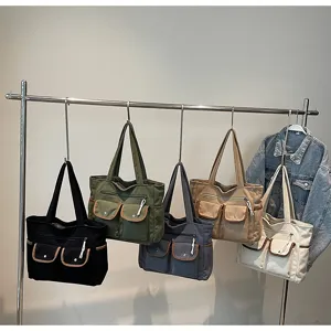 Corduroy contrast color tote bag with multiple pockets, casual shoulder bag for women