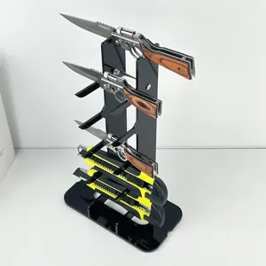 Black acrylic pocket knife display stand multi-layer folding knife storage organizer rack detail
