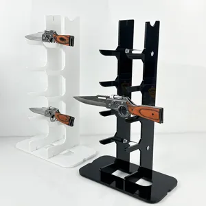 Acrylic knife display stand multi-tier storage rack for pocket folding knives and daggers.