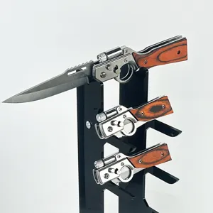 Tactical folding pocket knife with display stand, gun shaped wood handle camping tool.