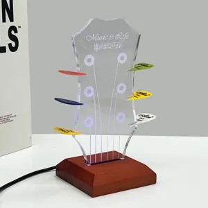 Wooden glowing guitar pick stand acrylic headstock display holder with colorful LED light.