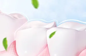 Close-up detail view of clean white teeth illustration with fresh mint leaves for oral care.