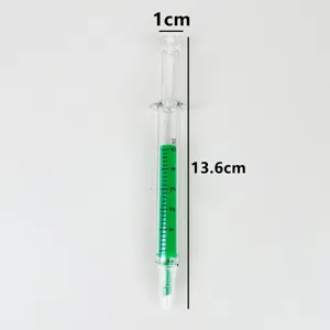 Spuitvormige markeerstift detail met transparante behuizing, groene inkt en afmetingen.