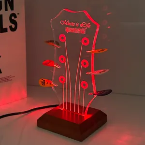 Wooden LED Glowing Guitar Pick Stand Display Holder Colorful Light Stand