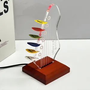 Wooden base acrylic guitar pick display stand with colorful LED lights and guitar holder
