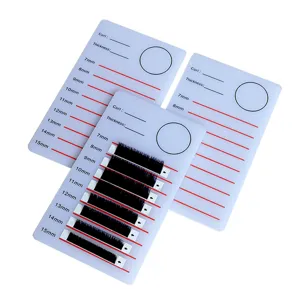 Acrylic eyelash extension display board detail with length scale marks and storage tray.