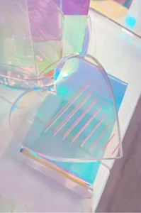 Holographic heart eyelash extension palette with scale lines, acrylic lash holder tray for salon.