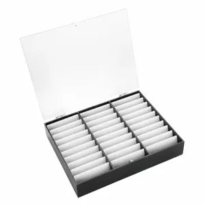 Detailed view of the acrylic nail display box with clear lid and multi-layer white slots.