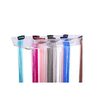 Clear acrylic hair extension display rack, transparent wig storage stand for salon or home use.
