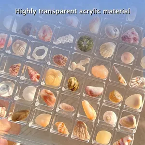 Boite de rangement en acrylique transparent remplie de divers petits coquillages pour nail art.