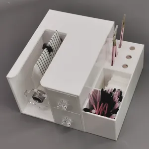 Acrylic eyelash extension organizer storage box with drawer and tool holder for lash artists.