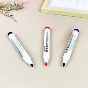 Erasable whiteboard markers set in black red blue colors, smooth writing for office and school.